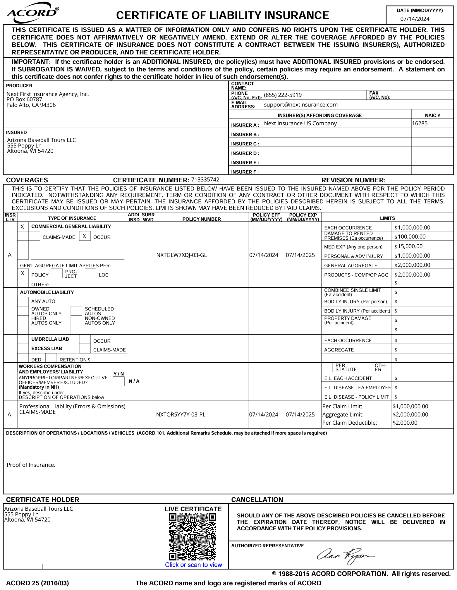 copy of Arizona Baseball tours liability insurance coverage